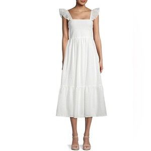 NWT NANETTE LEPORE Embroidered Eyelet Smocked Tiered Cotton Midi Dress
